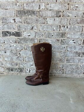 Tory Burch Brown Leather Tall Riding Boots with Gold Logo